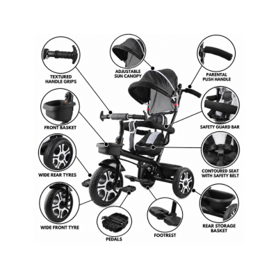 Toys R Us Avigo TRICYCLE WITH CANOPY PARENTAL HANDLE AND SAFETY GUARDRAIL Tricycle (Black)