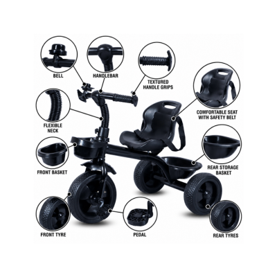 Maanit Tricycle With Dual Storage Basket for Kids|Boys|Girls Age Group 2 to 5 Years Model_101_Stylish Comfort Tricycle (Black)